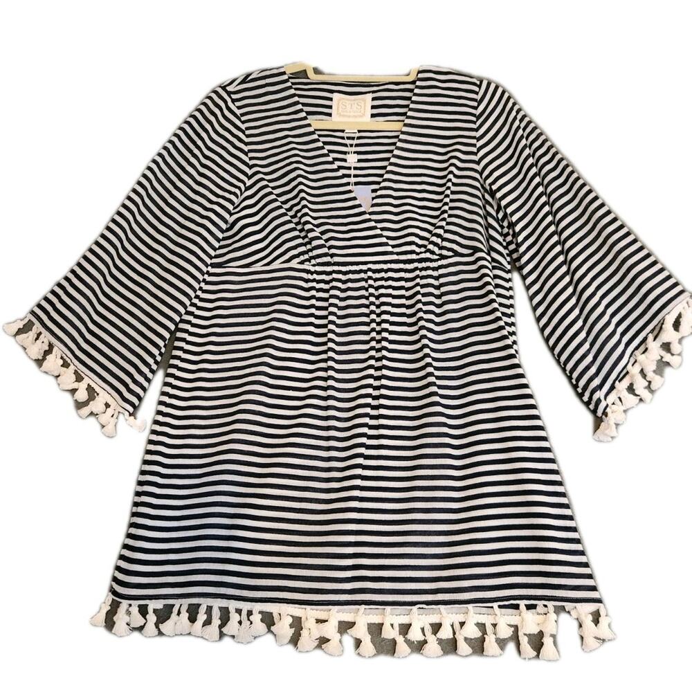 STS Sail to Sable Nautical‎ Blue & White Striped Tunic Tassel 100% Cotton XS NWT